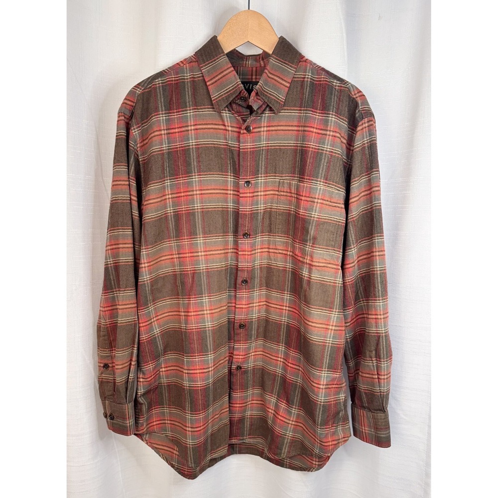 Orvis Shirt Men Large Red Green Flannel Button Up Plaid Field Heavyweight Cotton